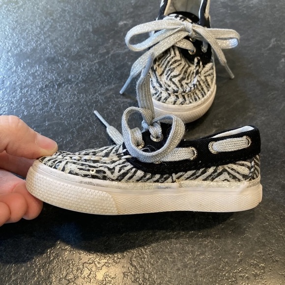 Girls baby Sperry Top-Sider Bahama black white striped sequins shoes size 5 - Picture 3 of 12